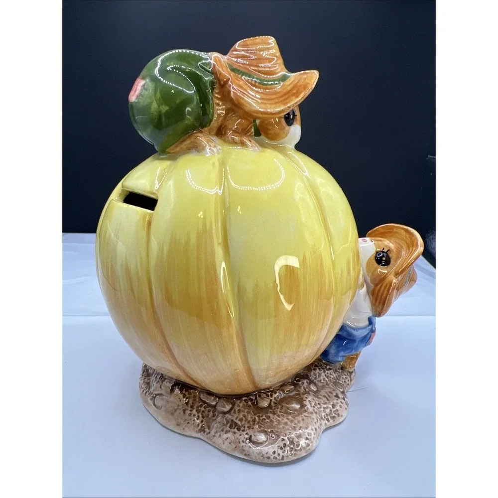 Vtg 1983 Gorham Merry-Mouse Pumpkin Ceramic Coin Bank Priscilla Hillman Japan